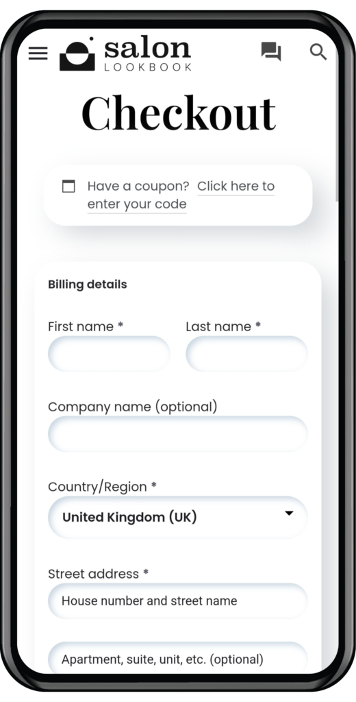 The salon checkout page on a mobile phone.