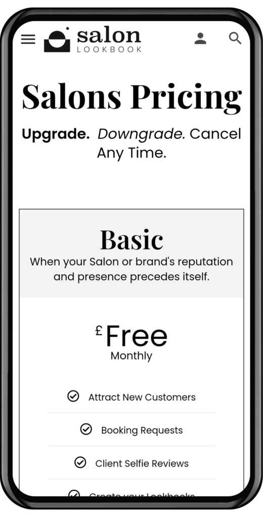 Salon pricing page on a mobile phone.
