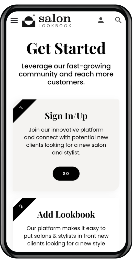 The salon website is displayed on a mobile phone.
