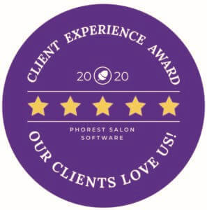 A purple badge with the words client experience award 2020.