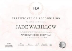 A certificate of recognition for jade warlow's heavenly hair.