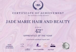 A certificate of achievement for jade marie heavenly hair and beauty.