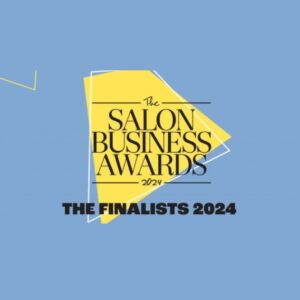 Yellow geometric shape with black text reads "The Salon Business Awards 2024." Below, black bold text says, "THE FINALISTS 2024" on a blue background.