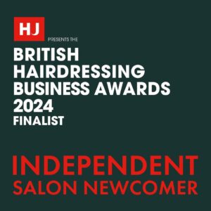 Image of a banner for the British Hairdressing Business Awards 2024, highlighting a finalist for the Independent Salon Newcomer category.